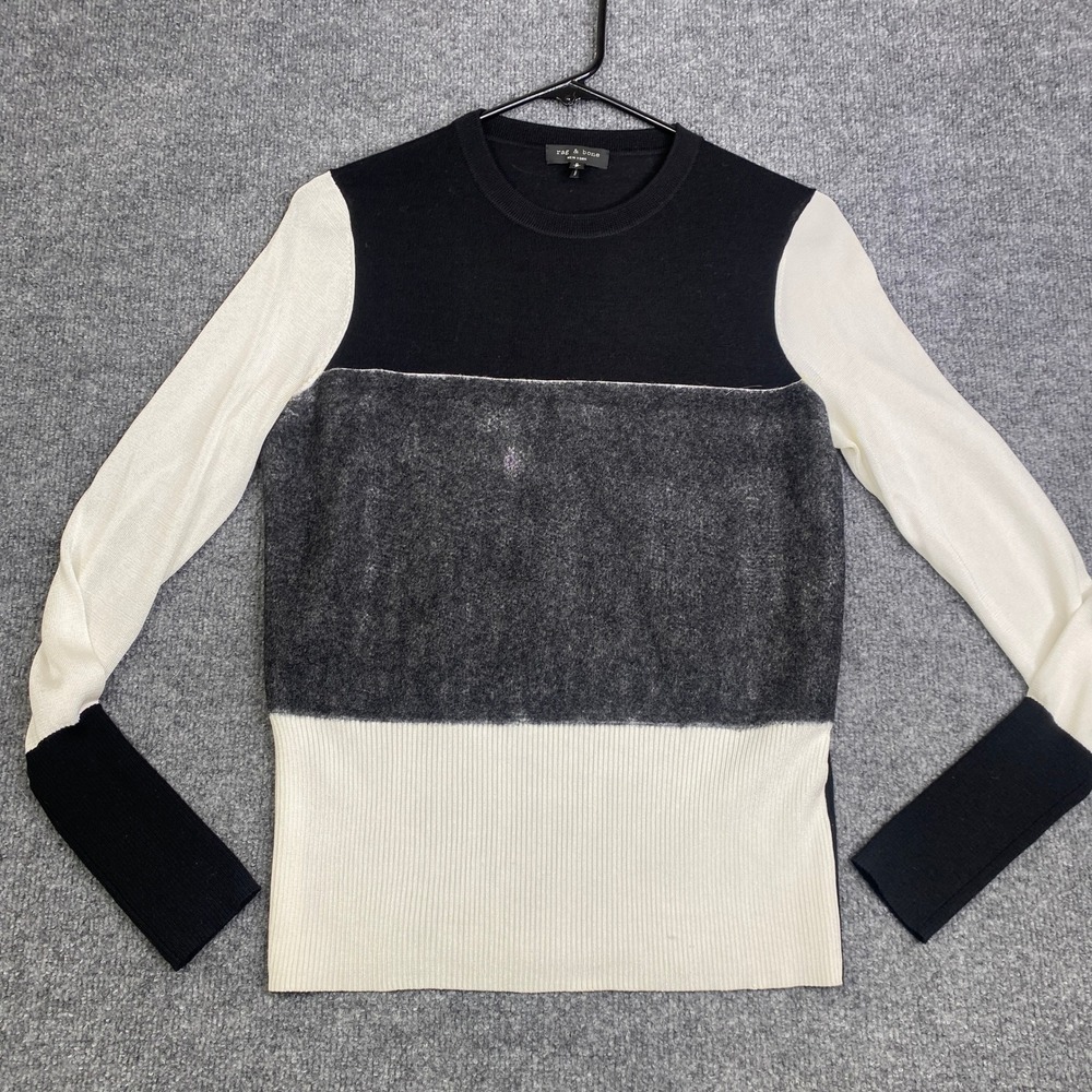Rag & Bone Colorblock Merino Wool Mohair Blend Sweater Black Grey Cream Small